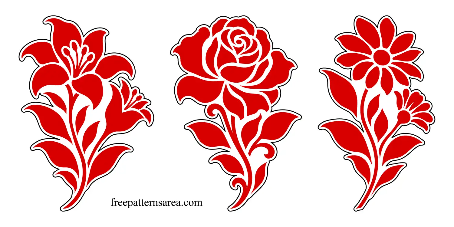 Daisy, lily and rose designs from the flower stencil SVG set, with red petals, leaves and stems inside black outer cutting contours.