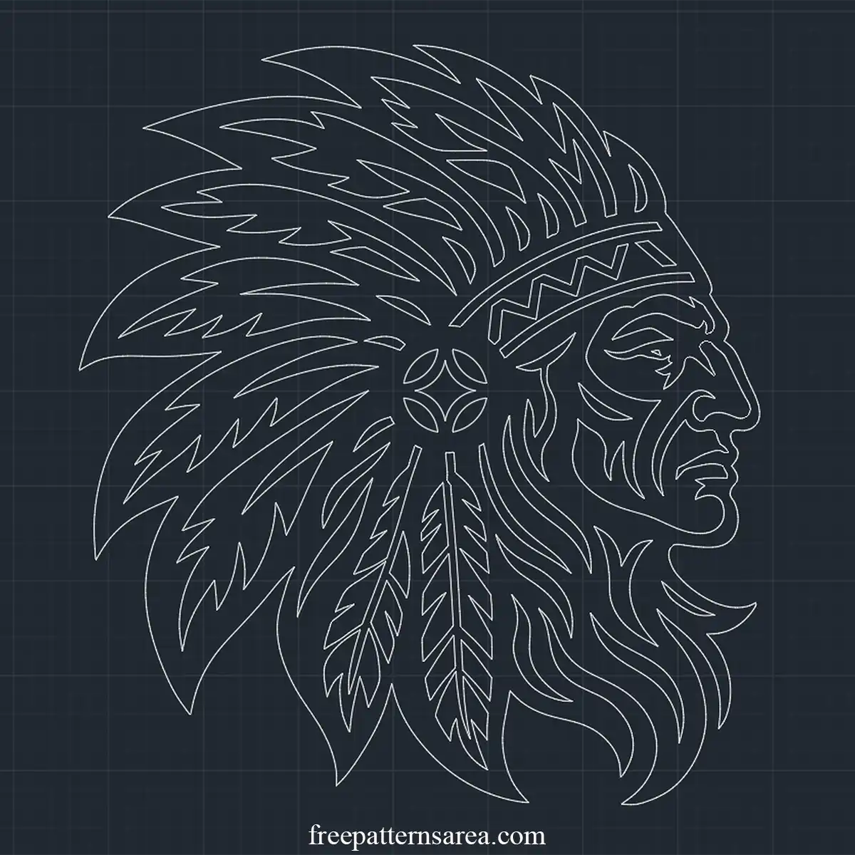 Native American chief DWG CAD block style drawing with a side-profile head, detailed feather headdress, and 2D artwork for CNC cutting, engraving, and CAD projects.
