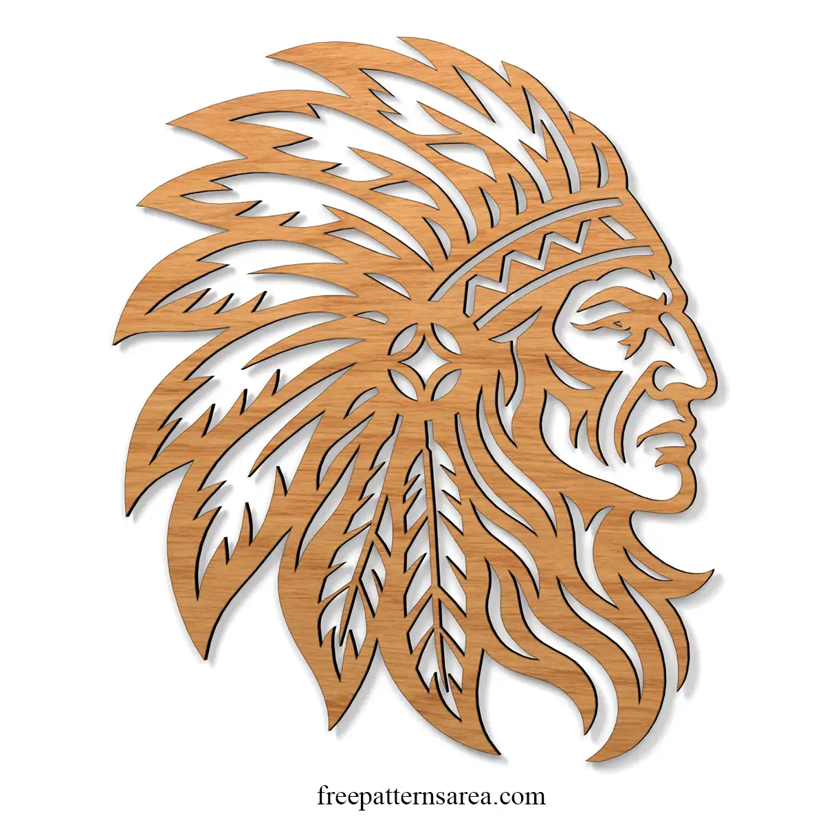 Native American chief DXF laser cut design in plywood with a side-profile head, detailed feather headdress, and open cutout details for wall art.