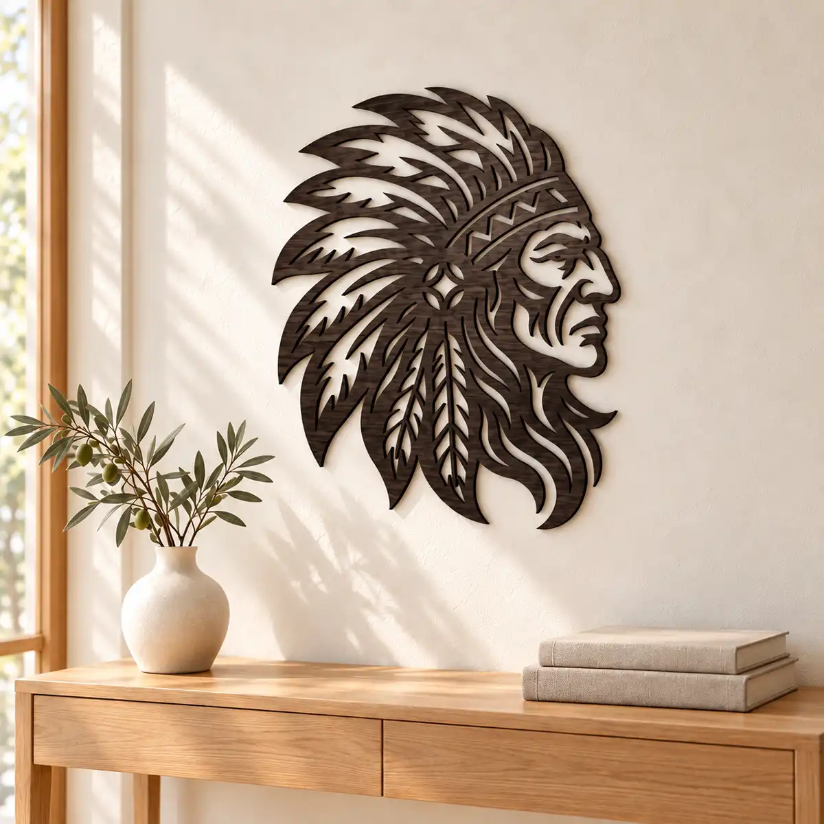 Native American Chief DXF Plasma Cutting Design Native American chief DXF plasma cutting design shown as wall art with a detailed feather headdress and connected cutout profile for metal wall art and signs.