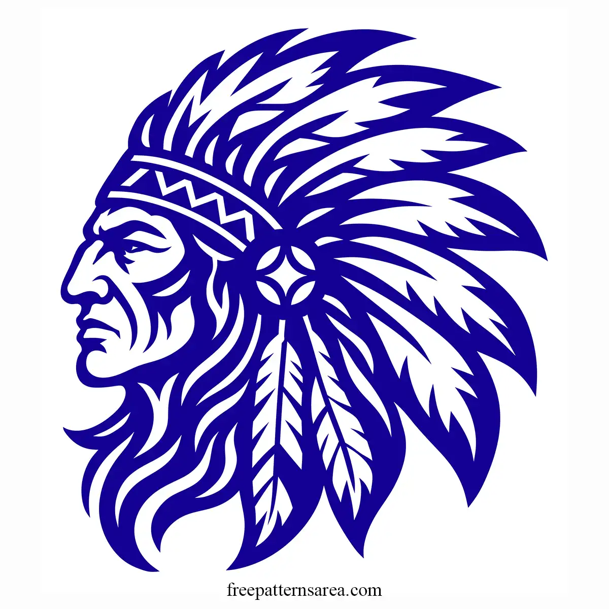 Native American chief SVG vector cut file in side profile with flowing hair, detailed feather headdress, negative-space details, and artwork for vinyl and laser cutting.