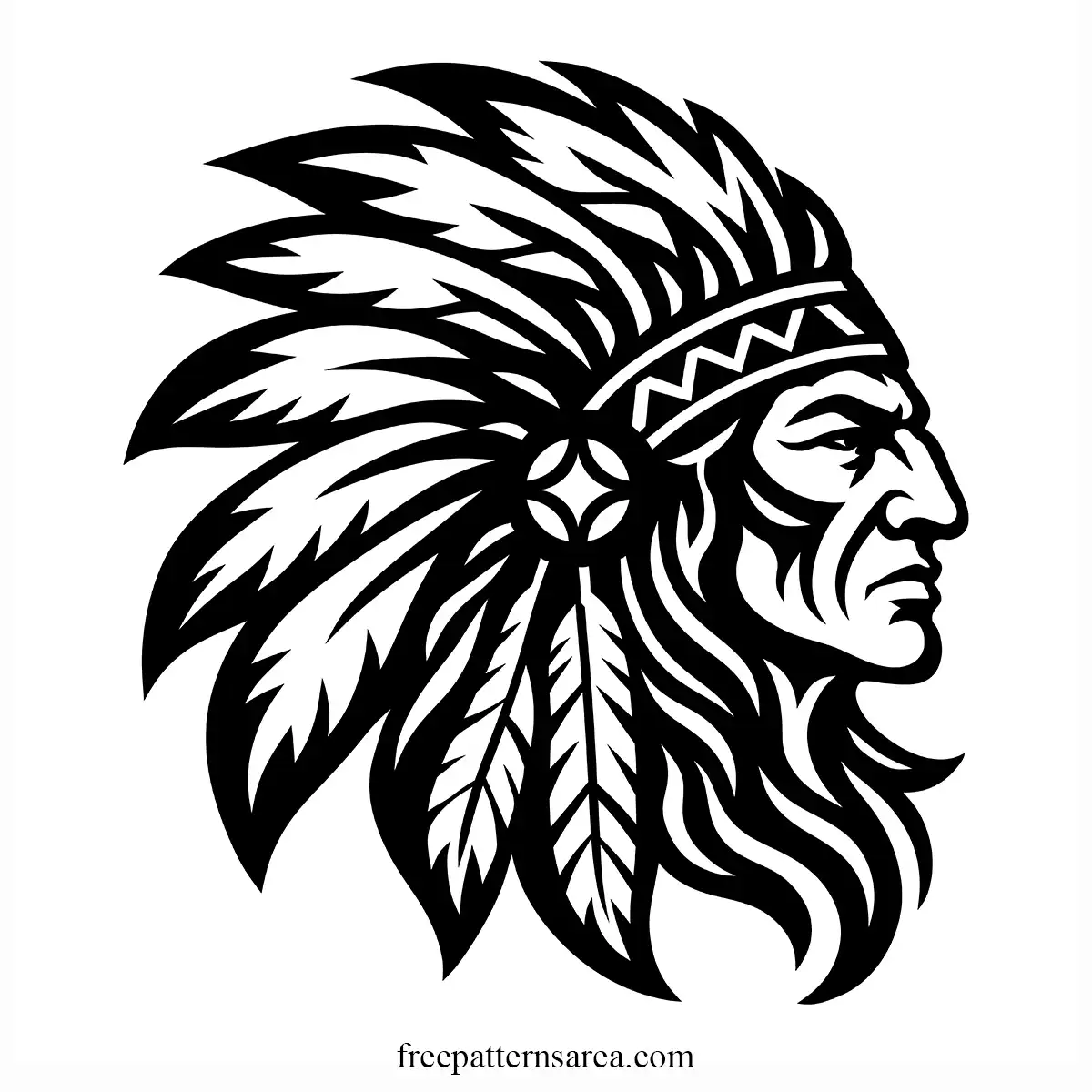 Native American chief vector image in side profile with flowing hair, detailed feather headdress, geometric headband, and tribal-inspired curved details.