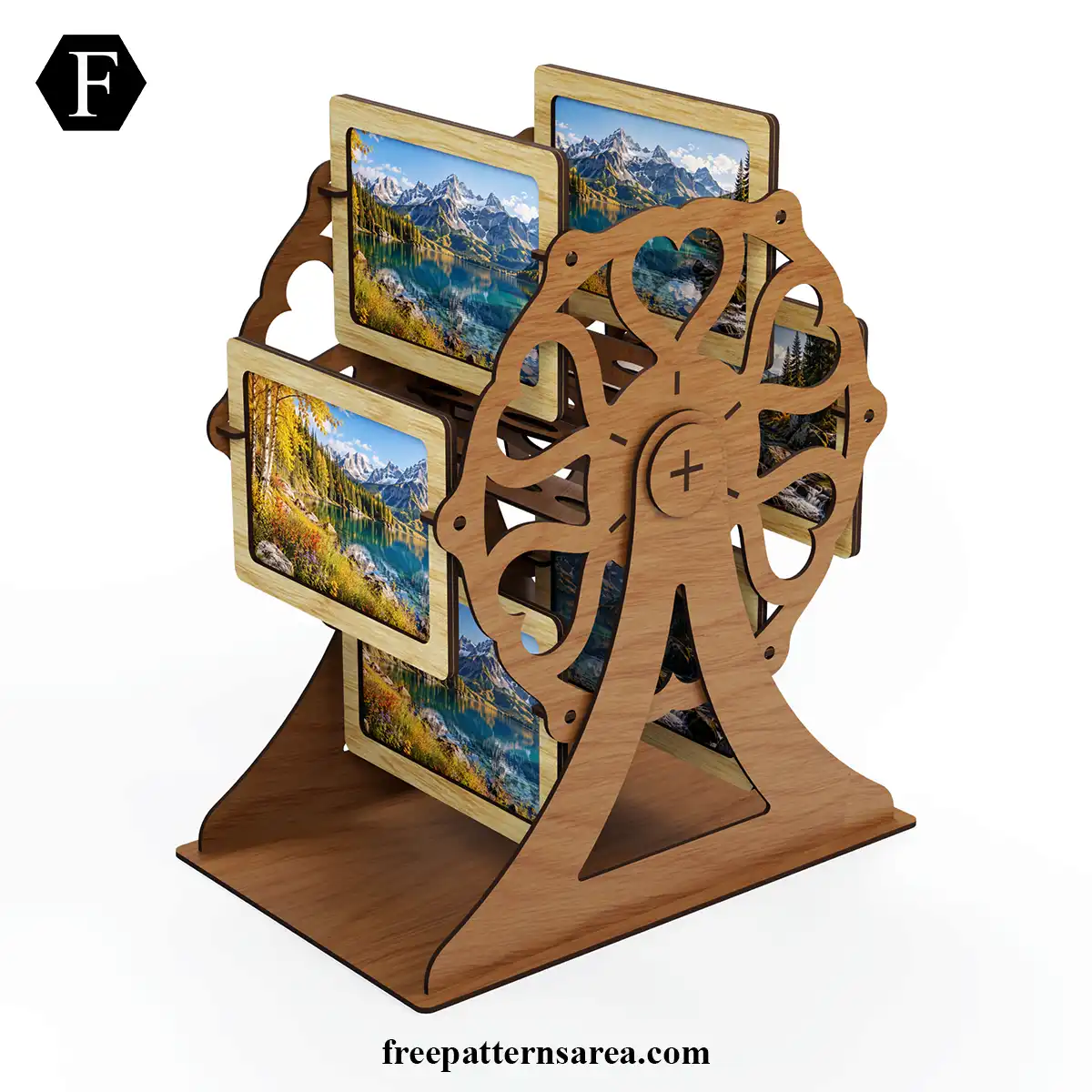 Free plywood Ferris wheel photo frame laser cutting design with six hanging photo holders, available in SVG, DXF and CDR.