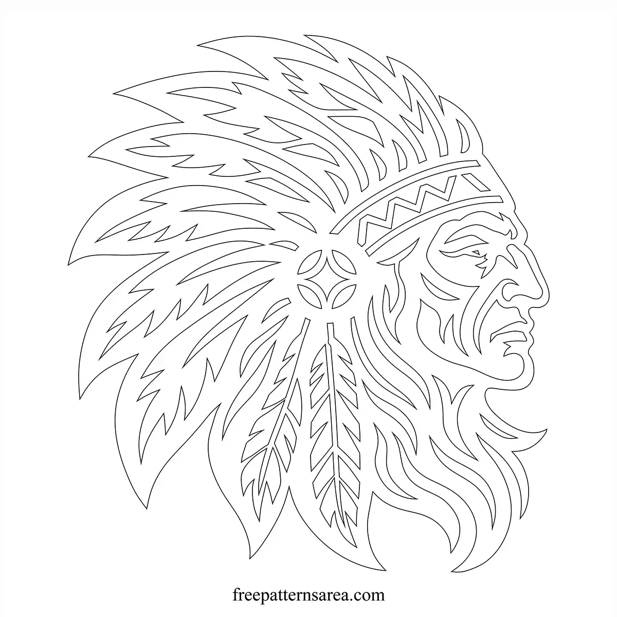 Printable Native American chief PDF template in side profile with detailed feather headdress, facial contours, and outline lines for tattoo, cut-out, tracing, and transfer projects.