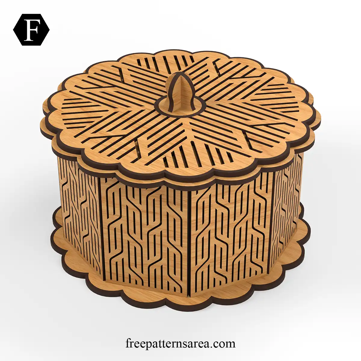 Free wooden box laser cut template for a cylinder-style plywood design with a removable lid, supplied in SVG, DXF and CDR.