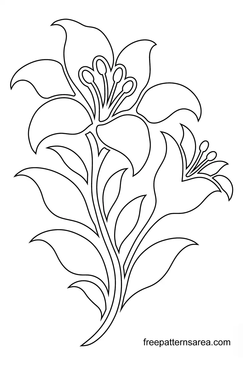 Lily Flower Stencil PDF Outline for Tracing Lily flower stencil outline from the PDF, with two blooms, prominent stamens and pointed leaves for printing and tracing.