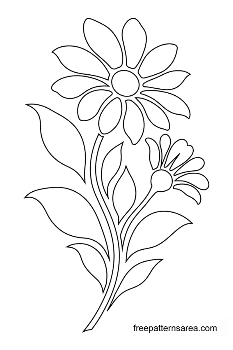 Printable Daisy Flower Stencil PDF Template Daisy flower stencil template from the printable PDF, showing a large bloom, a smaller side bloom and leafy stems in black outline.