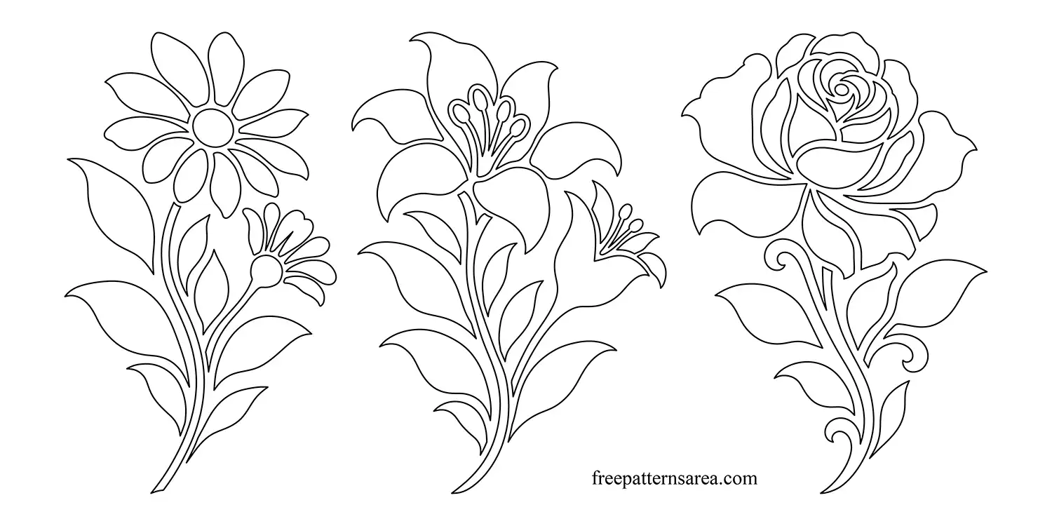 Daisy, lily and rose flower outlines with curved stems and pointed leaves for printable stencil templates, tracing and pattern transfer.
