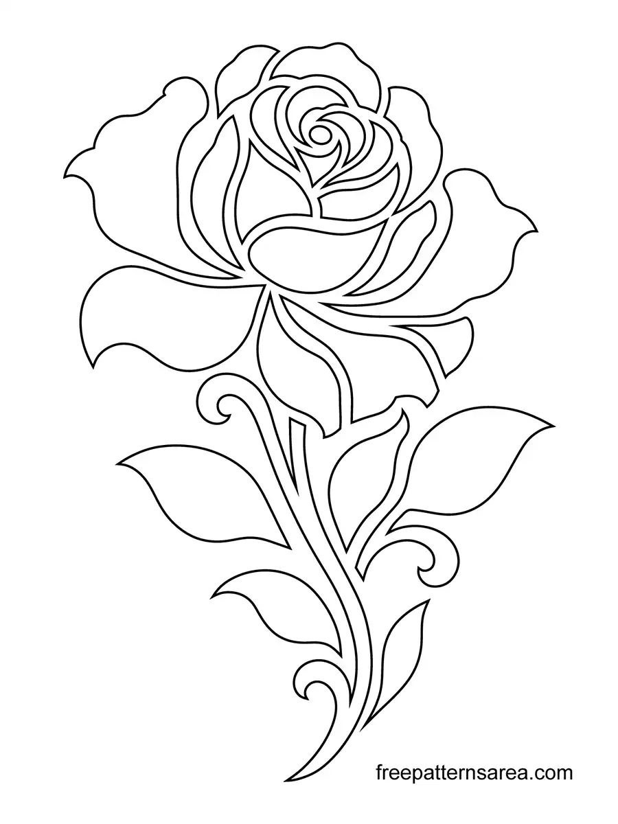 Printable Rose Flower Stencil Outline PDF Rose flower stencil from the printable PDF, drawn in black outline with curled petals, pointed leaves and a curved decorative stem.