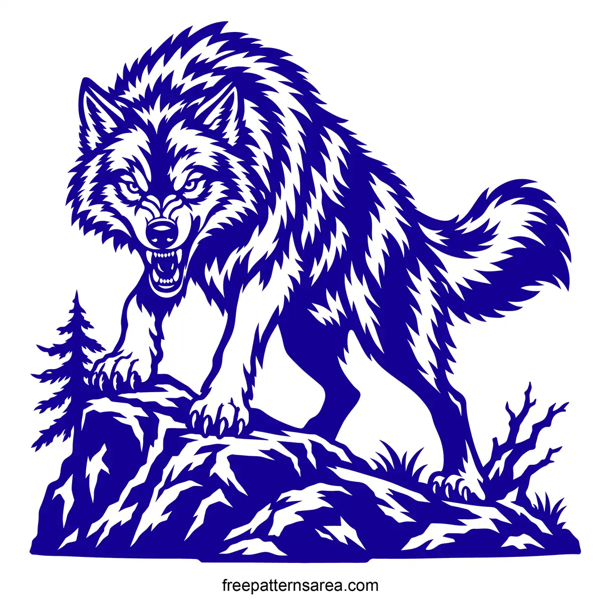 Free snarling wolf SVG cut file with a dark blue full-body wolf on rocks for vinyl decals, stencils, and vector design