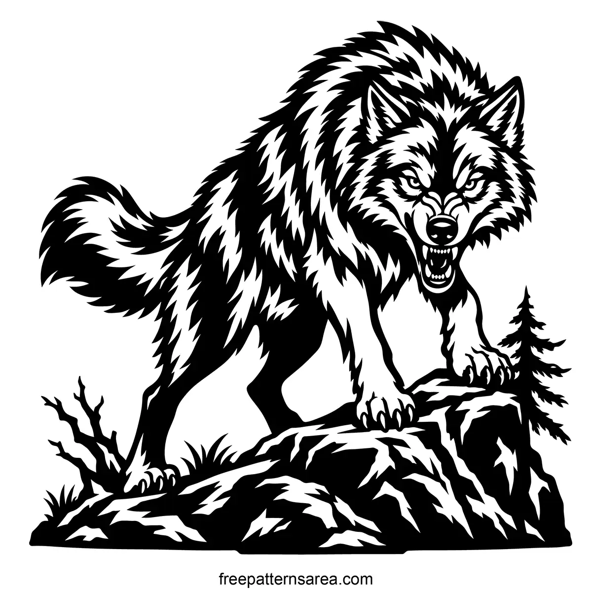 Free wolf vector artwork featuring a black snarling full-body wolf on rocks, with detailed fur and bared teeth