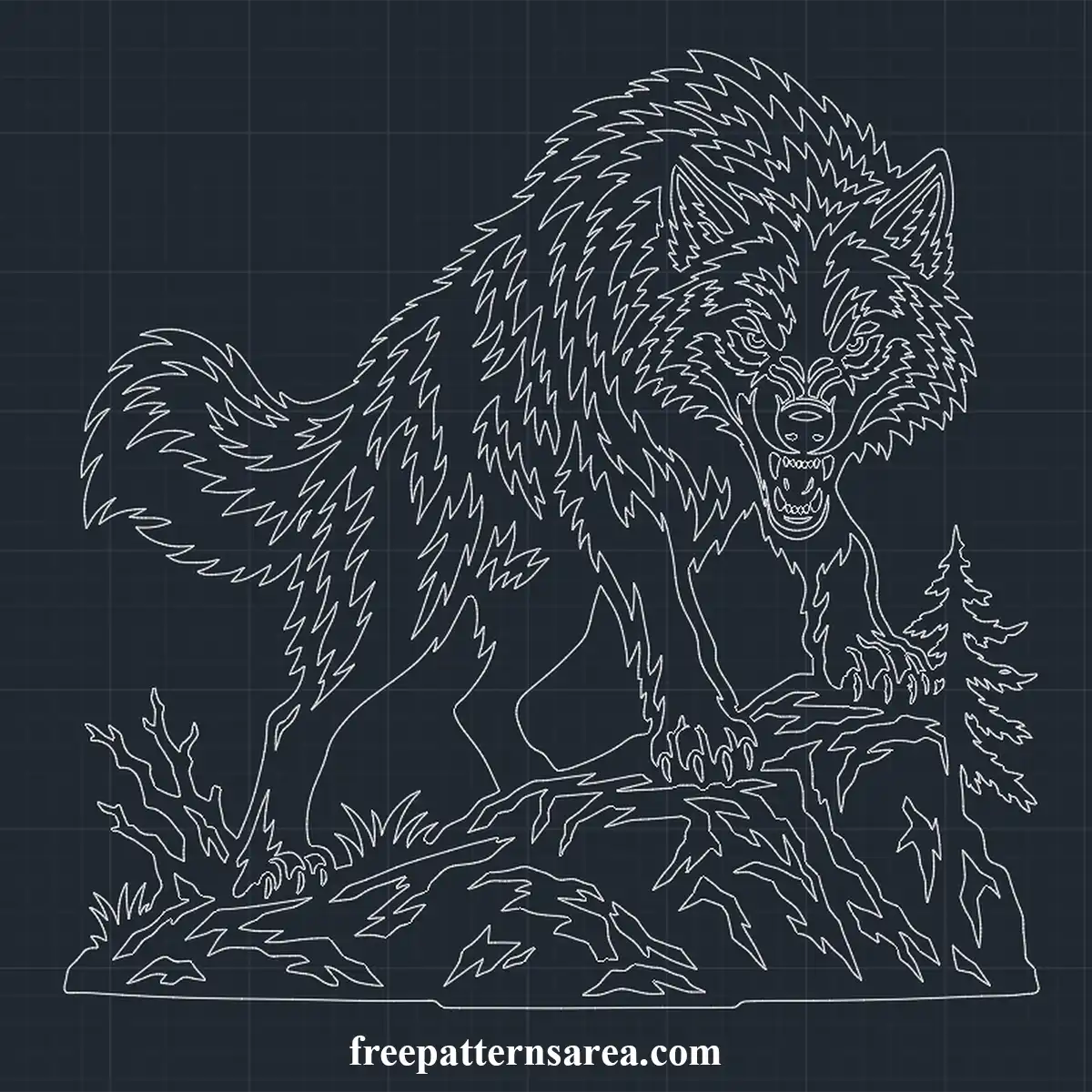 Free wolf DWG CAD block style drawing with snarling full-body wolf contours on rocky ground for 2D CAD editing and layouts