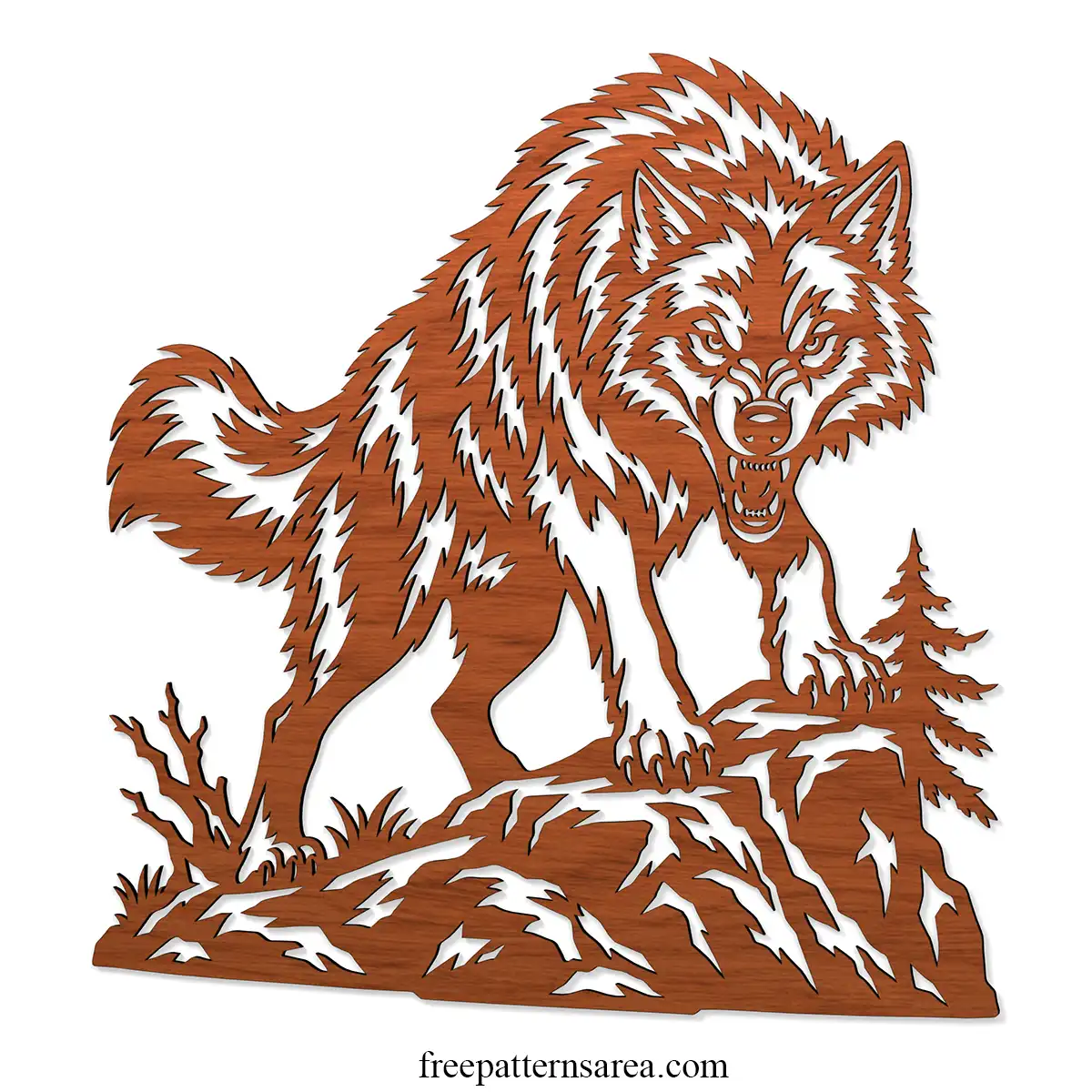 Free wolf DXF laser cut design with a snarling full-body silhouette on rocky ground for single-piece wooden wall art.