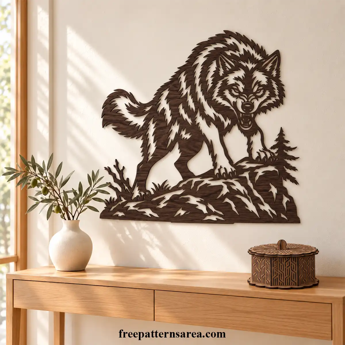 Wolf DXF design for laser-cut wooden wall decor, with a snarling wolf on rocks as a woodland interior focal point.