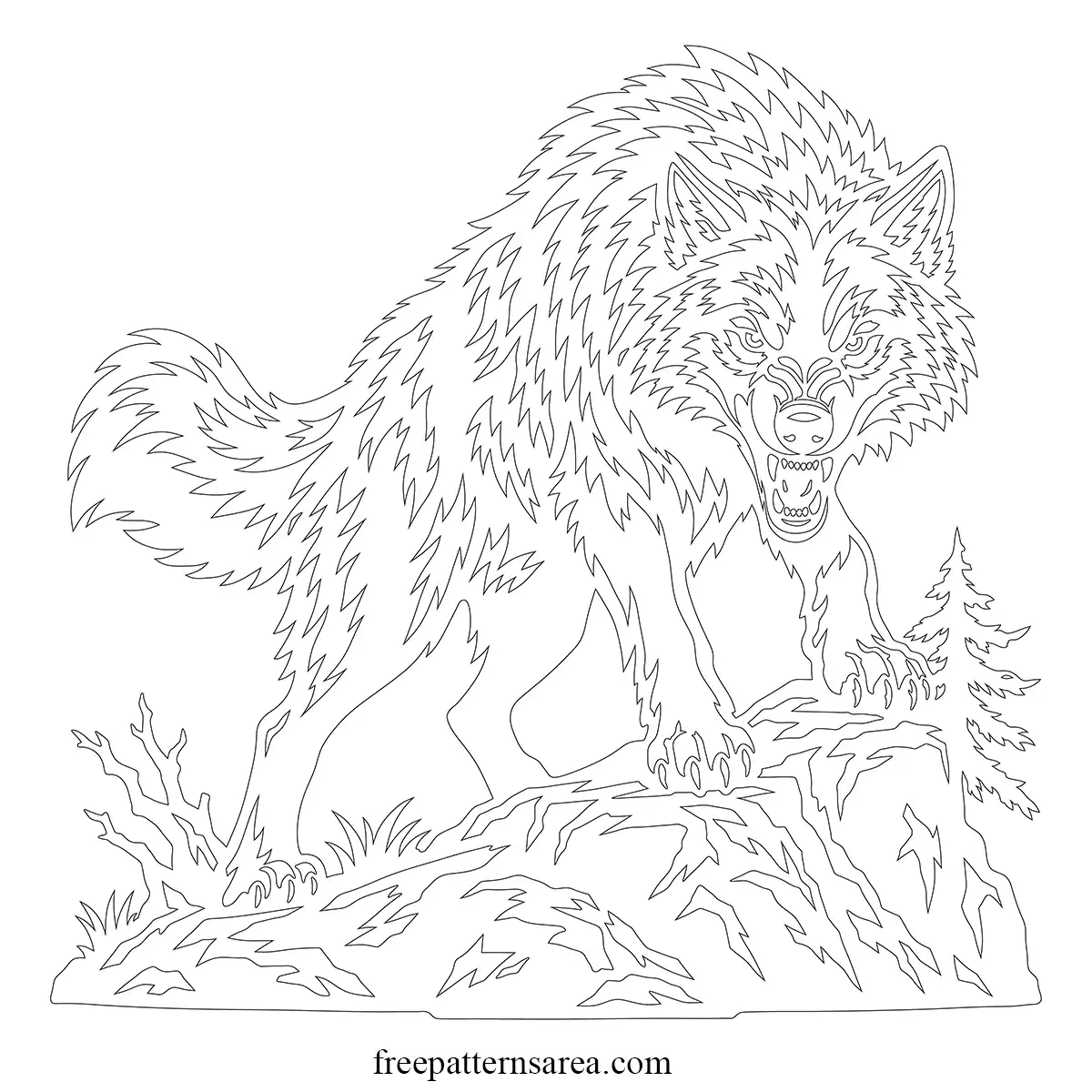 Free printable snarling wolf PDF outline template with a full-body wolf on rocks for larger cut-outs, tracing, and scroll saw patterns