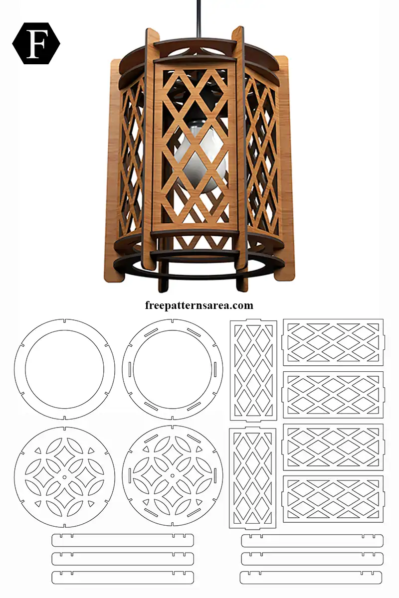 Free Wooden Pendant Light Laser Cut Template Wooden pendant light and its 16-piece laser cut pattern, with free DXF, SVG and CDR cutting files.